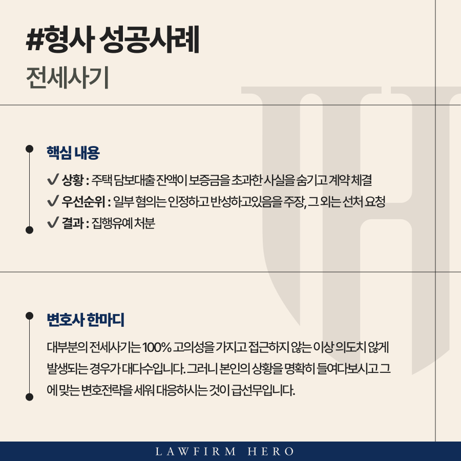 담보대출 잔액이 보증금을 초과하여 전세사기로 고소당한 의뢰인 집행유예 받은 사례