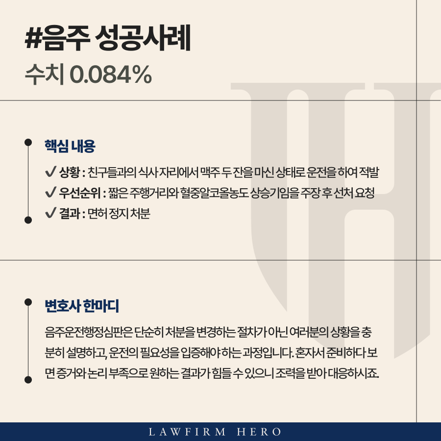 혈중알코올농도0.084% 수치, 음주운전행정심판을 통해 면허구제 받은 사례